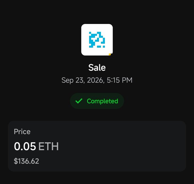 A digital transaction confirmation screen showing a completed "Sale" dated Sep 23, 2026, 5:15 PM, priced at 0.05 ETH ($136.62) with a blue pixel-art icon.