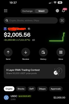 A screenshot of a Web3 crypto wallet displaying a portfolio value of $2,005.56, showing a $1,993.98 (+17,221.67%) gain, alongside an "X Layer RWA Trading Contest" promotion and "USDC zero" balance at the bottom.