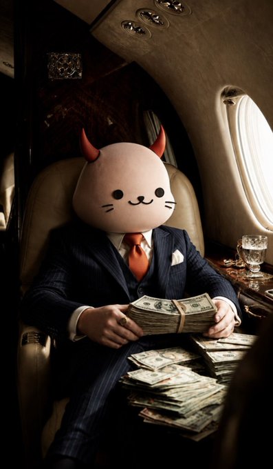 A digitally rendered anthropomorphic character with a round white head, small red horns, and a cat-like smile wears a navy pinstripe suit and red tie while holding stacks of cash aboard a private jet.