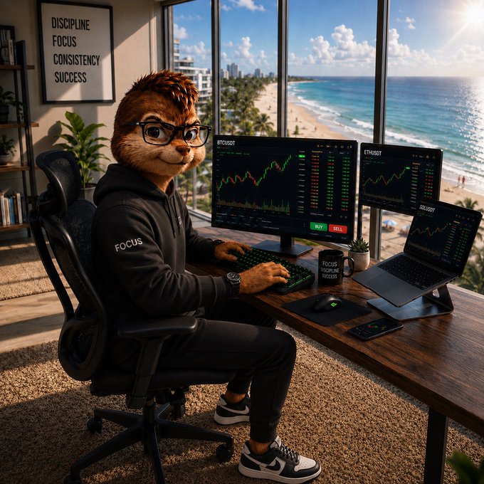 AI-generated image of an anthropomorphic furry character wearing glasses and a 'FOCUS' hoodie, sitting at a multi-monitor trading setup with Bitcoin and Ethereum charts, overlooking a tropical beach.