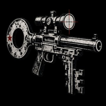 A pixel art rendering of a suppressed submachine gun with a drum magazine and scope, set against a black background.