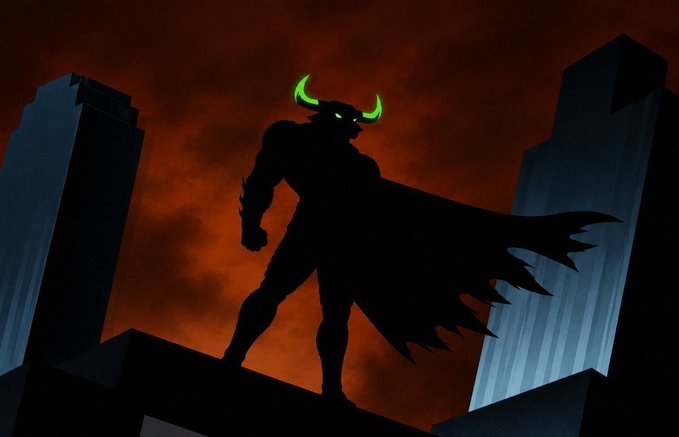 An animated illustration of a silhouetted superhero figure with glowing green eyes and horns, standing on a rooftop with a flowing cape against a dark red sky and city buildings.