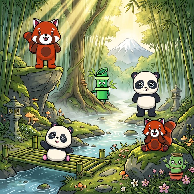 A cartoon illustration of pandas, red pandas, and bamboo characters gathered in a lush bamboo forest with a stream and Mt. Fuji in the background.