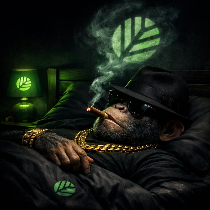 The image features a monkey wearing sunglasses, a hat, and smoking a cigar while lying down in bed. The monkey appears to be dressed in a hipster style outfit with gold chains around its neck. The background of the image includes a green leaf design on the wall behind the monkey. The caption reads "GN everyone A chain helping its apps become their own chains sounds backwards at first @CNPYNetwork Then you realize most ecosystems treat growth like something to contain".