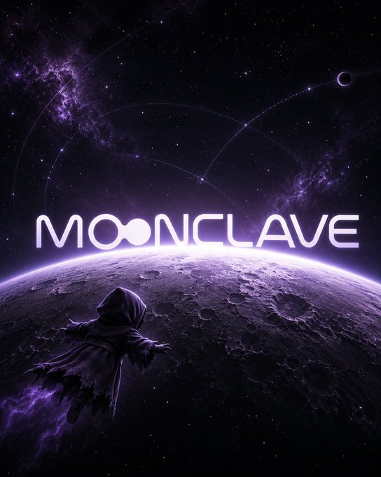 A hooded figure floats above a purple, cratered moon beneath a starry cosmos, with the text "MOONCLAVE" prominently displayed across the sky, evoking the project's cosmic and community-driven Web3 vision tied to $MCV. The celestial imagery reinforces the brand's mysterious, expansive ethos of transforming attention into meaningful participation.