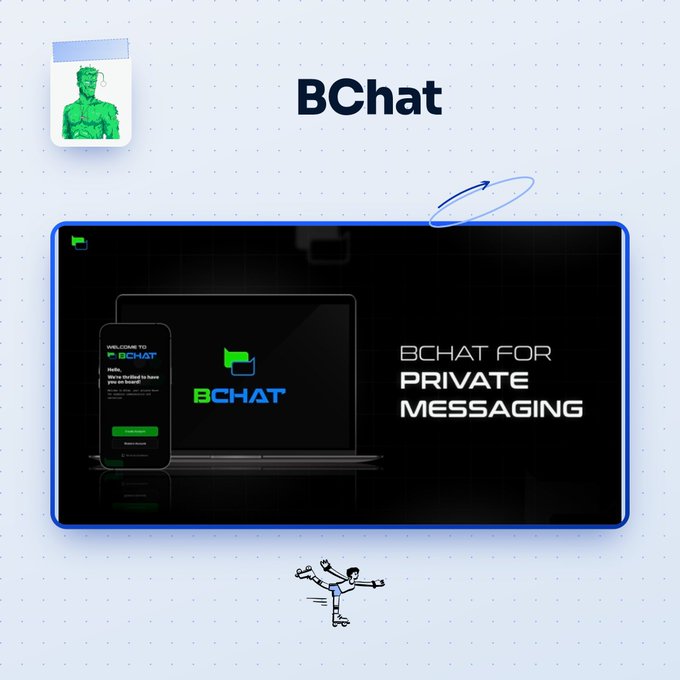 The image promotes "BChat for Private Messaging," showing a laptop and smartphone displaying the BChat app interface with a "Welcome to BChat" login screen, alongside an avatar icon. It visually reinforces the post's message about BChat (@BeldexCoin) offering enhanced privacy through features like BChat ID instead of personal identifiers like phone numbers or emails.