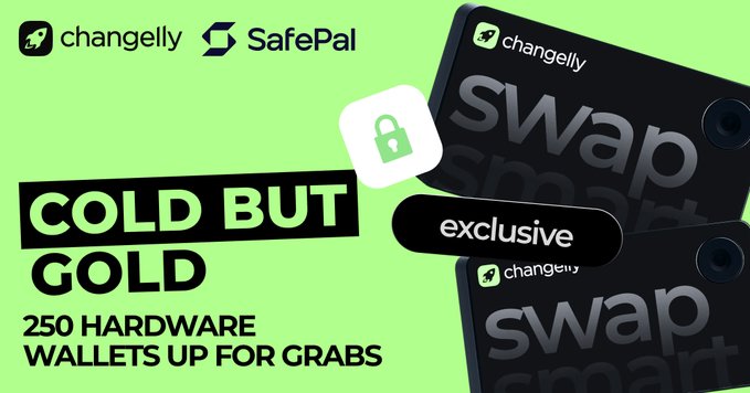 Changelly and SafePal promotional graphic announcing 'COLD BUT GOLD' with 250 hardware wallets up for grabs as an exclusive swap offer.