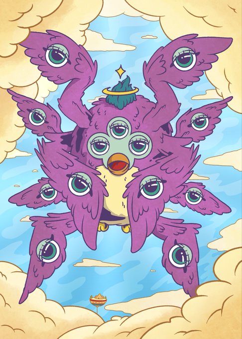 A whimsical illustration of a purple, multi-winged angelic creature with numerous eyes across its wings and head, hovering in a sky surrounded by fluffy clouds, with a small bowl below it—appearing as a hand-drawn fan art for the "angel token" referenced in the post.
