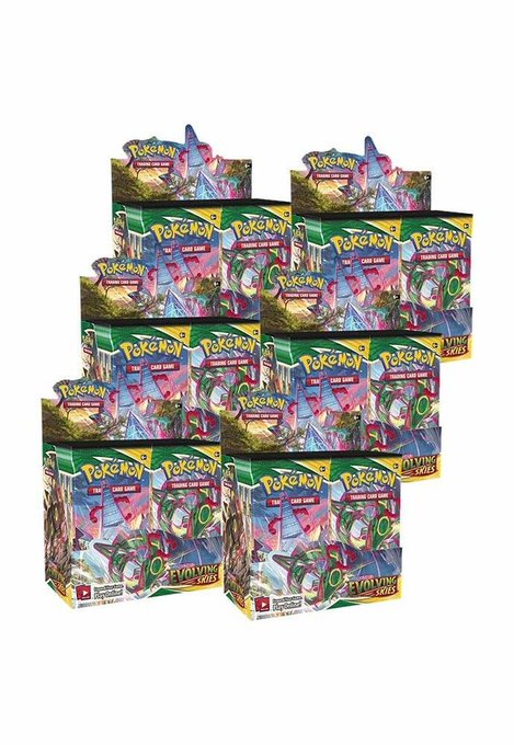A large display box of Pokémon Trading Card Game: Evolving Skies booster packs is shown, featuring Rayquaza artwork on the packaging. This relates to the post's enthusiasm for trying out the "Last Chance/Last Fill Right" (LFR) experience with this highly sought-after Pokémon TCG set.