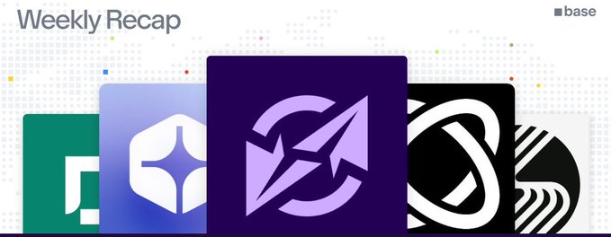 A 'Weekly Recap' graphic from Base featuring stylized icons representing various cryptocurrency projects.