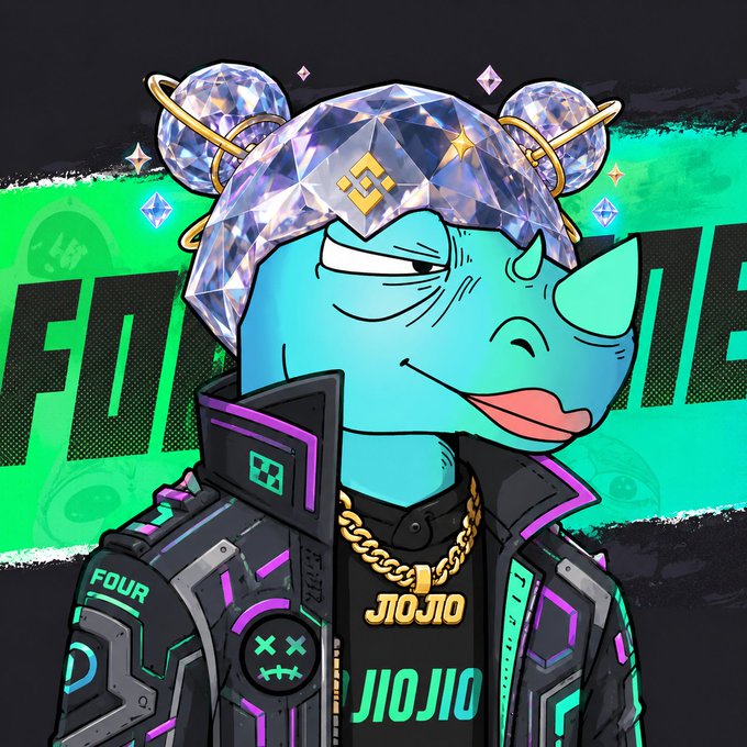 The image depicts a stylized cartoon rhinoceros character wearing an oversized diamond-shaped hat with "4" logos, a gold chain necklace spelling "JIOJIO," and a futuristic black jacket with purple and teal accents displaying "FOUR" and "XX," set against a green background with bold "FOUR" text—visually representing the meme token "fourmeme" and its "CTO" (community token offering) launch mentioned in the post, promoting a retail-driven investment movement around the bstock token.