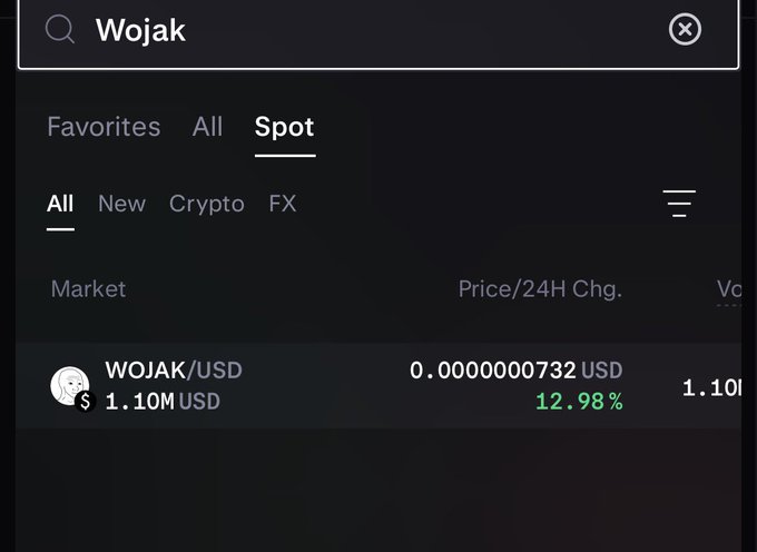 A cryptocurrency trading interface showing a search for 'Wojak' with the WOJAK/USD market displaying a price of 0.0000000732 USD, up 12.98%, with a 1.10M USD volume.