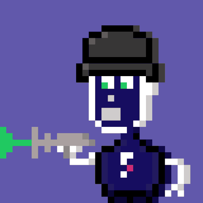 The image features a character with a gun held in front of them, wearing a black hat and a blue shirt. The character appears to be a robot or a machine-like figure, possibly from a video game or an animated movie. The background is purple, which contrasts with the character's dark attire. There are no other objects or text present in the image.