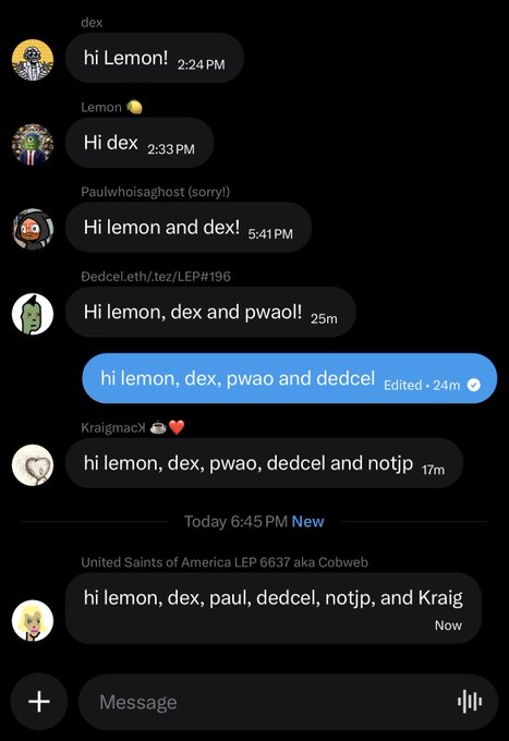 A group chat screenshot with users greeting 'lemon' and adding more names to the greeting chain, with usernames like 'dex', 'Paulwhoisaghost', and 'Dedcel.eth/tez LEP#196'.