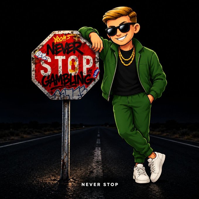 An illustrated cartoon character wearing sunglasses and a green tracksuit leans on a stop sign that has been heavily graffitied with text including 'NEVER STOP' and 'GAMBLING', with 'NEVER STOP' text at the bottom.