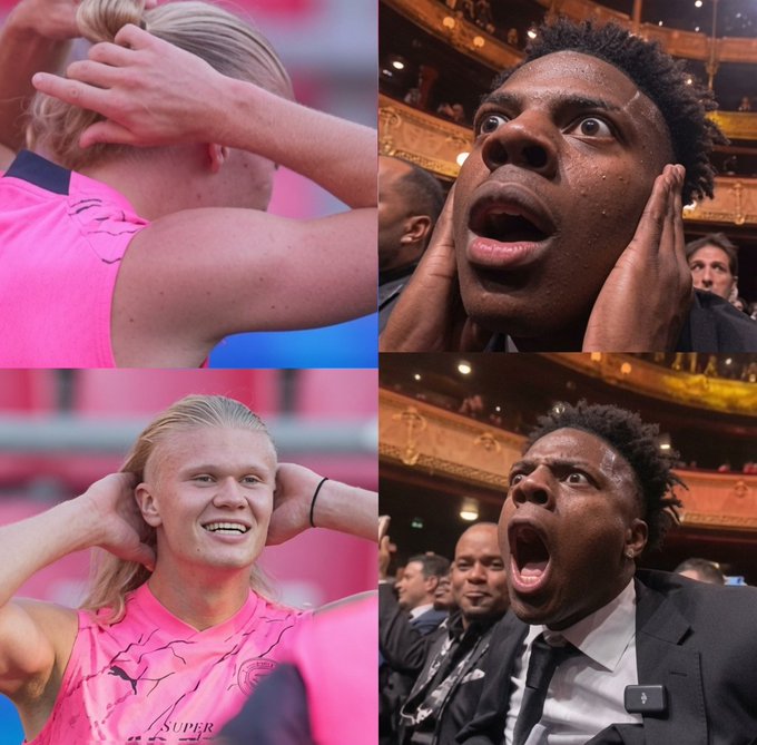 A four-panel collage of meme-style images showing Erling Haaland in a pink jersey on the left and a shocked young man in a suit screaming on the right.