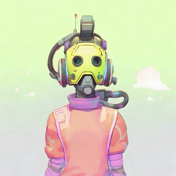 A digital illustration of a humanoid figure wearing a yellow mechanical helmet with antennas and goggles, dressed in an orange spacesuit-style outfit against a pastel sky.