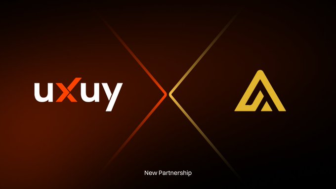 The image features a logo for a company called "UXUY" that is located at the bottom left corner of the frame. The logo has an orange background with white text, which reads "UXUY". Below this logo, there's another logo in yellow and black colors, which says "A". These two logos are positioned side by side on a dark red background. In the top right corner of the image, there is a caption that reads "New partnership @3A_Atlas to the @uxuycom ecosystem Backed by NASDAQ-listed Mega Matrix Inc. (MPU) and CoinQ Exchange".