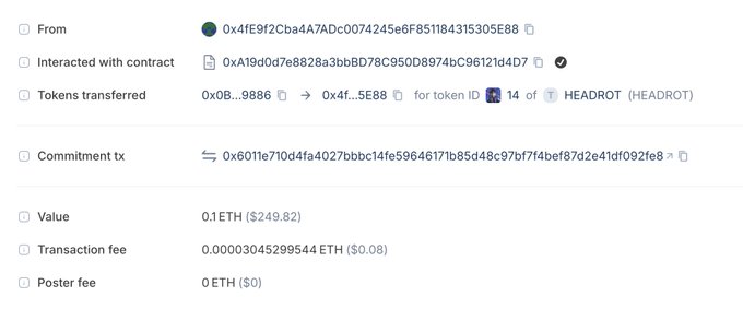 A cryptocurrency transaction record showing a transfer of 0.1 ETH ($249.82) from address 0x4fE9f2Cba4A7Adc0074245e6F851184315305E88, involving a HEADROT token (token ID 14).