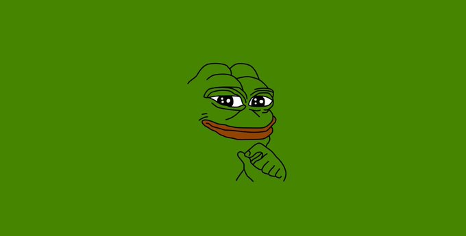 A line drawing of Pepe the Frog's face with a smug expression and hand gesture, set against a solid green background, visually promoting the $PEPE cryptocurrency. The illustration reinforces the post's call to buy more Pepe coin with its iconic meme imagery.