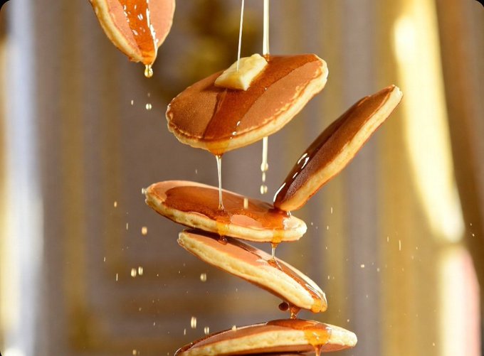 A stack of pancakes with butter and dripping maple syrup floats in mid-air against a warm, golden background.