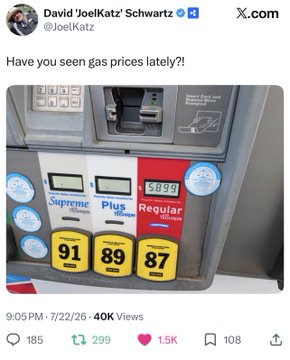 The image shows an X post by David "JoelKatz" Schwartz (@JoelKatz) captioned "Have you seen gas prices lately??" featuring a Shell gas pump displaying fuel prices of $5.89 for Regular (highlighted in red) and grade options of 87, 89, and 91 octane. The "589" number on the price display ties directly to Schwartz's follow-up post referencing Article 589 in Japan, creating a notable coincidence he appears to be highlighting.