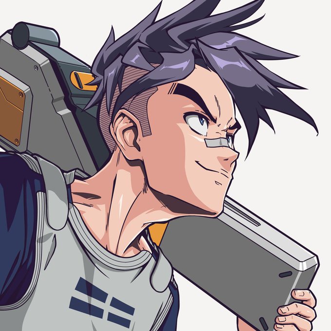 An anime-style illustration of a male character with spiky purple hair, a bandage on his cheek, and a confident smirk, carrying a large mechanical weapon on his shoulder.