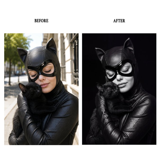 A before-and-after comparison showing a woman in a Catwoman-style costume holding a black kitten outdoors, transformed into a black-and-white studio portrait version.