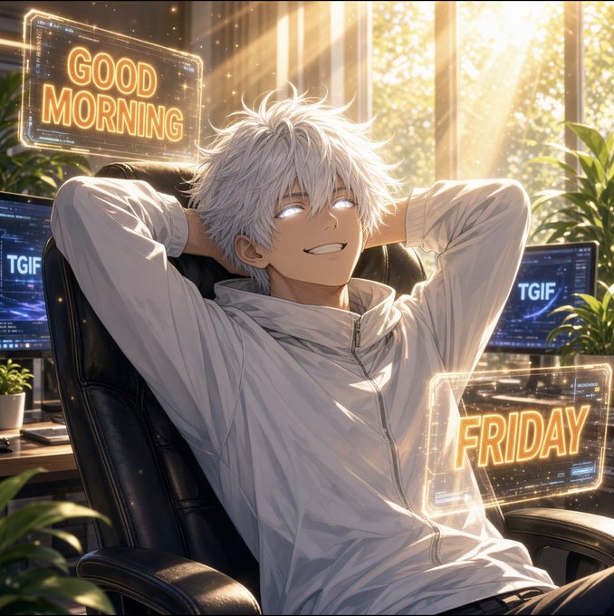 An anime-style illustration shows a young man with spiky white hair and glowing white eyes relaxing in a chair with his hands behind his head, surrounded by glowing holographic signs reading "GOOD MORNING," "FRIDAY," and "TGIF" in a sunlit room with plants.