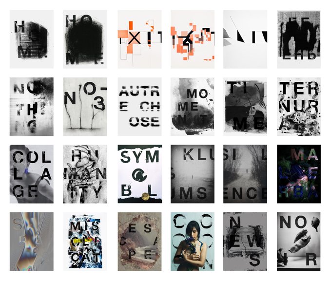 The image consists of 16 different black and white photographs that appear to be part of an art project or collection. The images vary in size, but they all share a common theme centered around words and phrases such as "no", "autre", "chose", "moelle", and others. One notable aspect is the presence of a person in various positions within these photographs, adding a dynamic element to the overall composition. 

The image does not contain any text or additional elements besides the images themselves. The focus remains on the visual impact of the black and white photographs as they intersect with the theme of words and phrases throughout the collection.