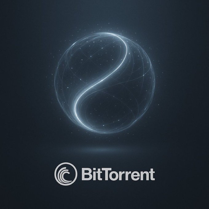 The image features a glowing spherical design with an infinity-like loop and scattered particles on a dark blue background, with the BitTorrent logo and name displayed at the bottom. The interconnected, flowing design visually echoes the post's message about distributed workload and shared participation, symbolizing the continuous, decentralized exchange between peers in the BitTorrent network.