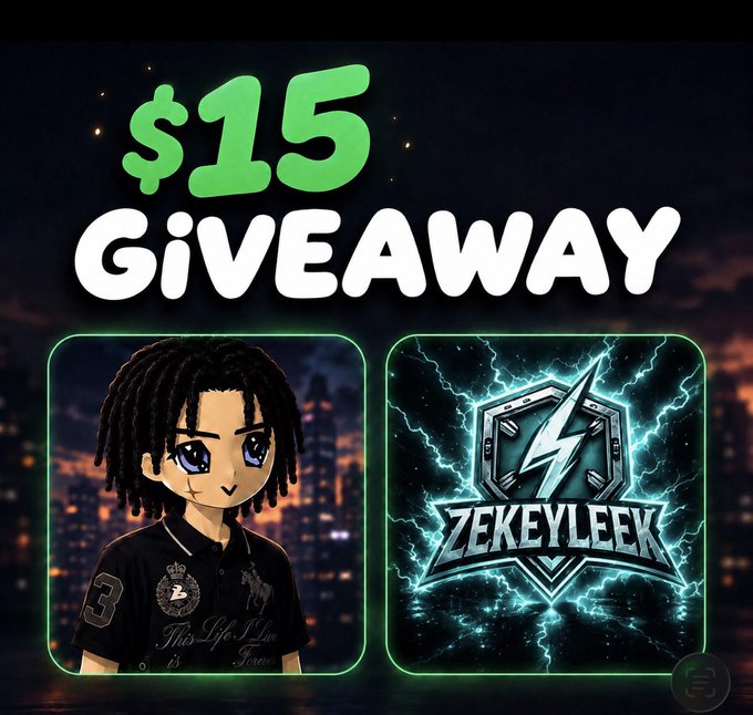 A promotional graphic announces a "$15 GIVEAWAY" in bold green and white lettering at the top, featuring a chibi-style avatar of a character with dreadlocks in a dark shirt alongside a glowing "ZEKEYLEEK" logo with lightning effects, matching the post's giveaway instructions to follow @zekeyleek, submit proof, and comment a $SOL address within a few hours.