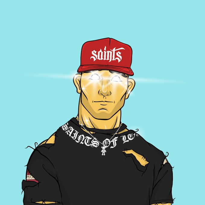 A cartoon-style digital illustration of a figure wearing a red 'SAINTS' cap and a black shirt with 'SAINTS OF L' written on it, featuring glowing white eyes against a light blue background.