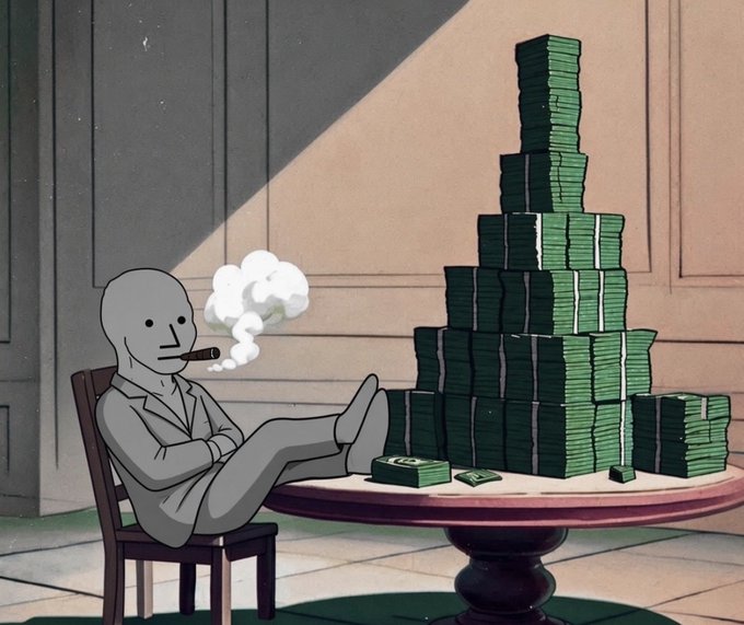 An illustration of a gray, featureless figure in a suit smoking a cigar and relaxing with feet up next to a table piled high with stacks of cash.