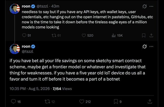 Two tweets from user 'roon @tszzl' warning people to remove exposed API keys, wallet credentials, and old IoT devices due to potential exploitation by AI models and bots.