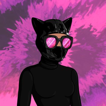 A stylized digital illustration of a figure wearing a glossy black catsuit with cat ears and pink-tinted sunglasses, set against a vibrant pink and purple background.