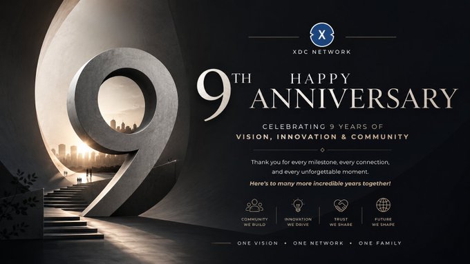 The image features a large stone sculpture of a staircase with the number 9 written above it. The text "Happy 9th Anniversary" is displayed below the sculpture, indicating that this event is being celebrated for nine years. The background shows a city skyline, suggesting that the celebration takes place in an urban setting. The post also mentions that the XDC Network has been growing stronger together over the past decade and that they have achieved many milestones as a community.