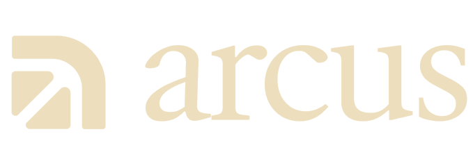 A beige logo featuring a stylized geometric icon next to the text 'arcus'.