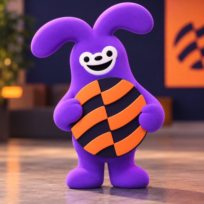 A 3D render of a purple cartoon mascot character with long ears, smiling, and holding a black and orange striped egg or ball in a modern indoor setting.