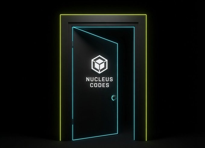 A digital 3D rendering of a black door outlined in glowing cyan and yellow neon lights, displaying a cube logo and the text 'NUCLEUS CODES' on a dark background.