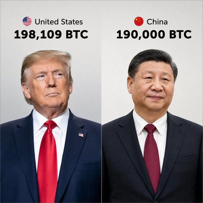 This image juxtaposes Donald Trump, representing the United States with 198,109 BTC, and Xi Jinping, representing China with 190,000 BTC, hinting at a silent competition between the nations over Bitcoin holdings.