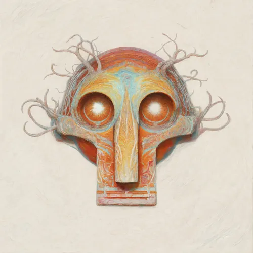 A surreal painted skull with glowing eyes and twisting root-like branches growing from its crown, symbolizing the "Tree of Life" as life emerging from death. The vibrant orange, blue, and cream tones evoke a mystical fusion of decay and growth.