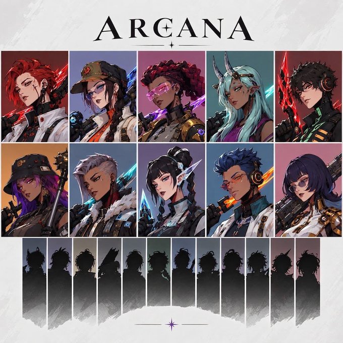 Promotional image for the "ARCEANA" NFT collection featuring 10 detailed character portraits in the top row and 10 matching silhouettes below, advertising a giveaway for the Arcana project with 4096 supply, minting on Sept 16 on the ARC chain.