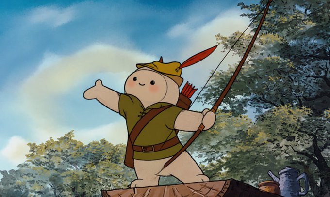 A cheerful cartoon figure dressed as Robin Hood stands triumphantly on a tree stump, drawing a bow and arrow. The whimsical image complements the post by playfully highlighting how the "muse-inhood" helps users save money, casting the financial app as a heroic, arrow-shooting savior for budgeters.