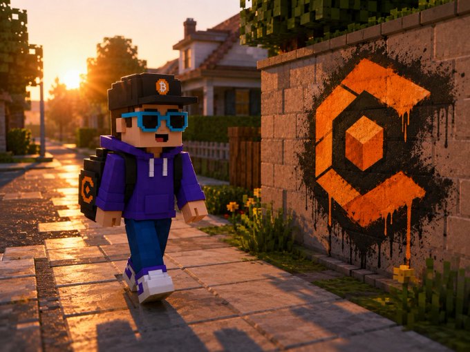A pixelated character wearing a purple hoodie, blue glasses, and a Bitcoin cap walks along a sunset-lit street next to a brick wall featuring an orange cryptocurrency logo graffiti.