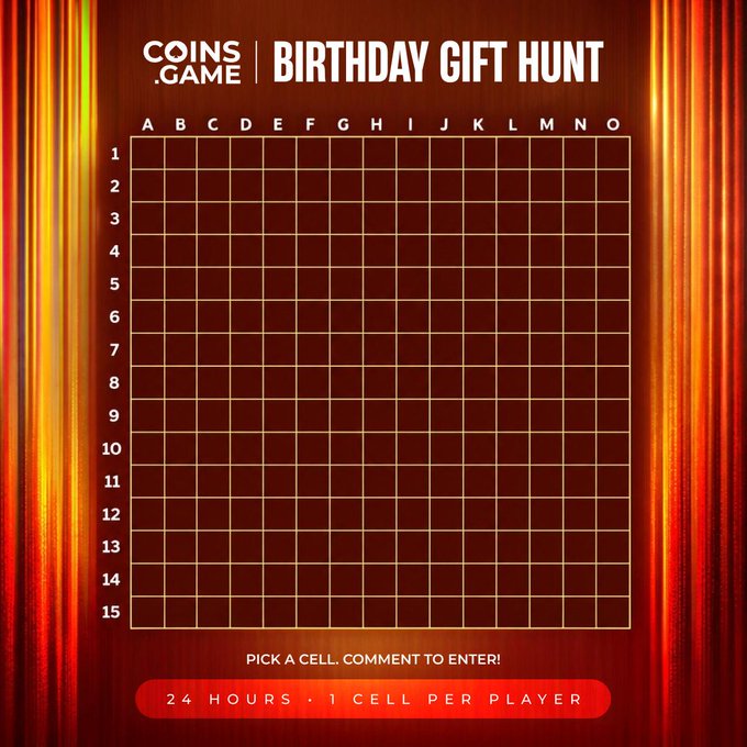 A digital grid labeled 'COINS GAME | BIRTHDAY GIFT HUNT' with columns A-O and rows 1-15, instructing players to 'PICK A CELL. COMMENT TO ENTER!' with rules '24 HOURS · 1 CELL PER PLAYER'.