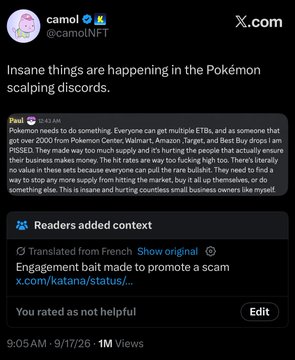 A screenshot of an X (Twitter) post by @camolNFT discussing insane events in Pokémon scalping discords, with a community note warning about an engagement bait scam.
