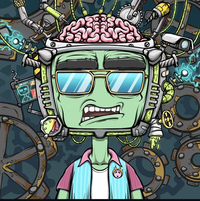 A cartoon illustration of a green-skinned zombie-like character with an exposed brain, mechanical helmet attachments, glowing blue sunglasses, and a pink and blue vest.