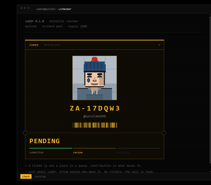 A terminal-style application window for a 'whitelist checker' displaying a pixel art character, the code 'ZA-17DQW3', user '@nurullah2696', a barcode, and a 'PENDING' status bar.