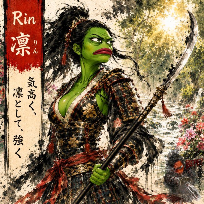 A green-skinned samurai woman labeled 'Rin' in traditional Japanese ukiyo-e style artwork with kanji text on the left.